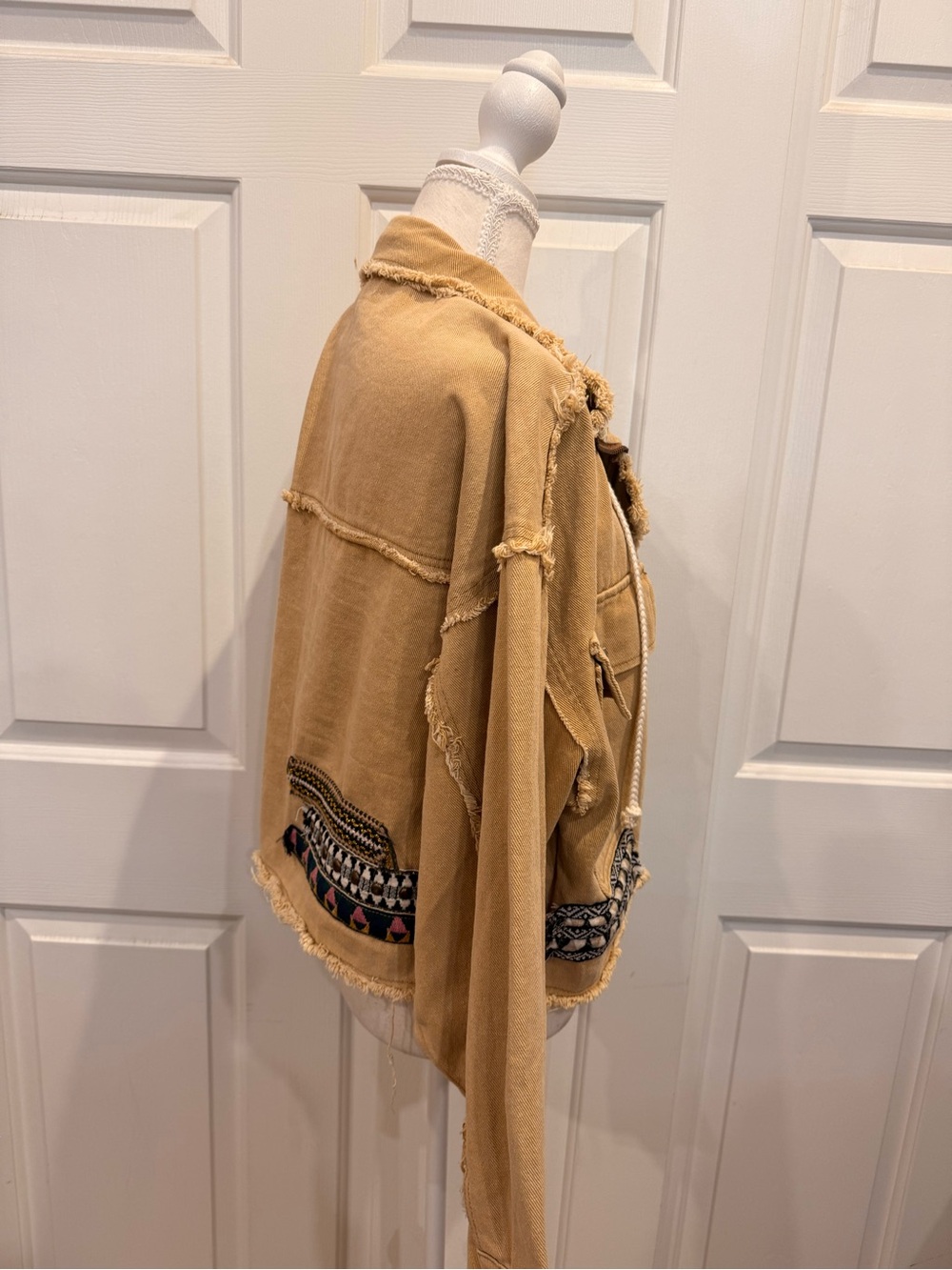POL Small Tan Boho Embroidered Raw Edge Utility Moto Jacket - Picture 7 of 10